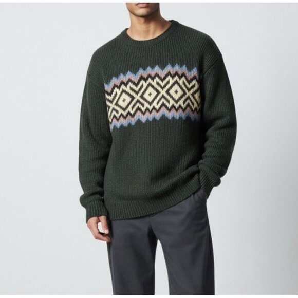 J. Crew Wool Fair Isle Nordic Style Crewneck Dark Green Ski Sweater Mens Large - Picture 1 of 8